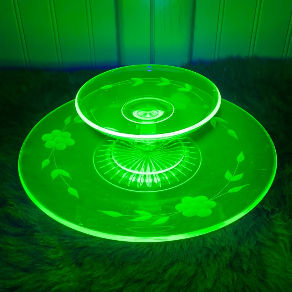 Vintage Green Vaseline Glass Serving Dish and Plate